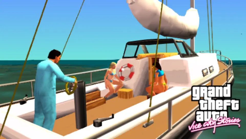 Homme en costume bleu ciel à la barre d'un voilier blanc, deux femmes en bikini assises sur le pont, mer turquoise en arrière-plan, logo Grand Theft Auto Vice City Stories en bas à droite
