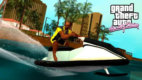 Victor Vance conduit un jet-ski sur l'eau devant les hôtels de Vice City dans GTA Vice City Stories sur PSP