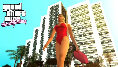 Une passante en maillot rouge marche sur la plage de Vice City devant de hauts hôtels blancs sous un ciel bleu, dans GTA Vice City Stories
